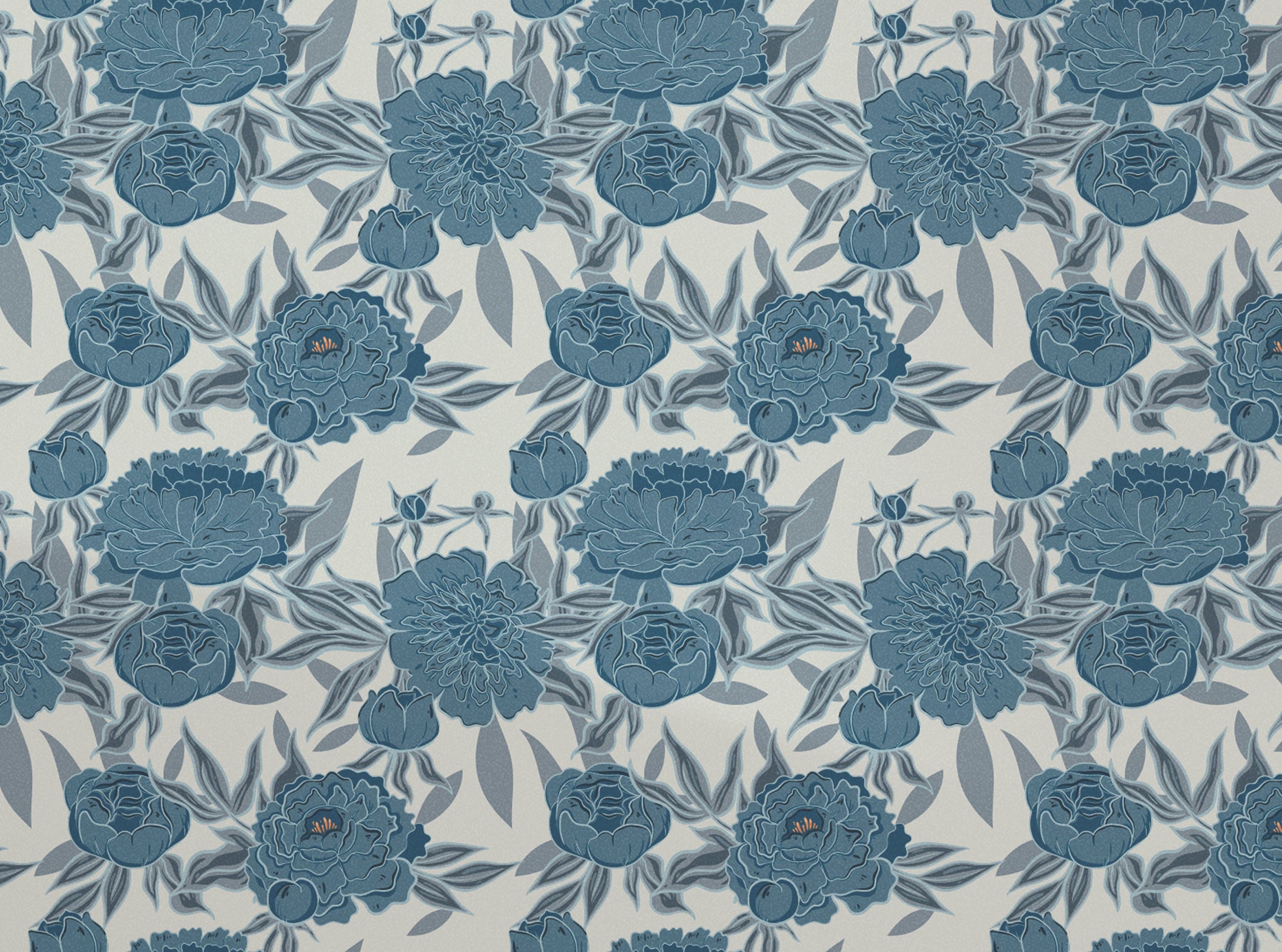 Blue florals peony pattern at wallpaper scale, full repeat tile showing the rhythm of the print