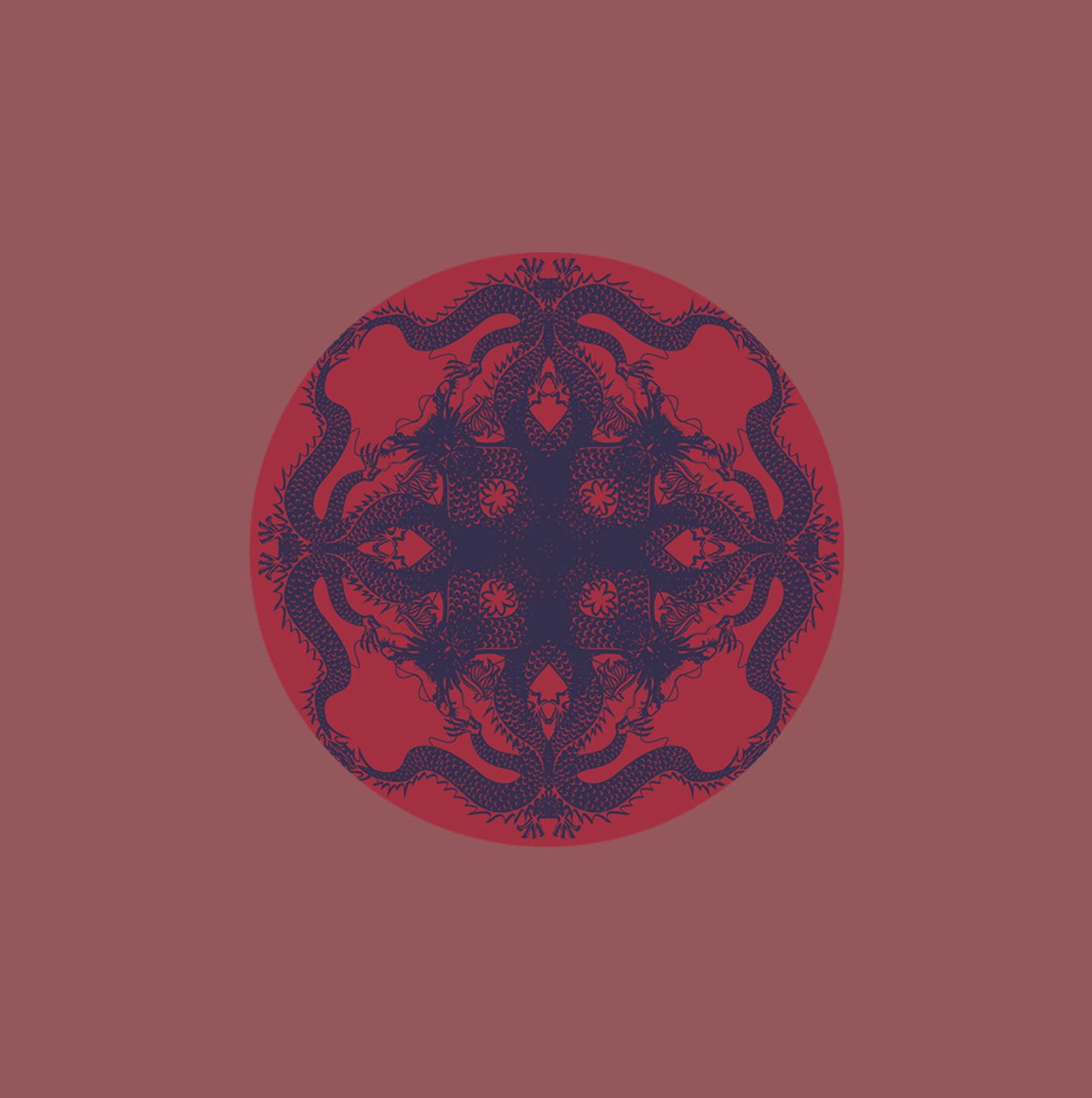Red dragons hero mark, burgundy dragon mandala in circle on muted rose ground
