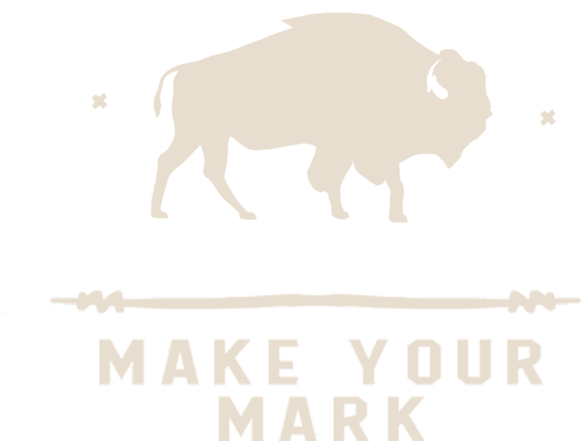 Capitan Boot Co. buffalo logo, beige bison silhouette over barbed-wire flourish with Make Your Mark tagline