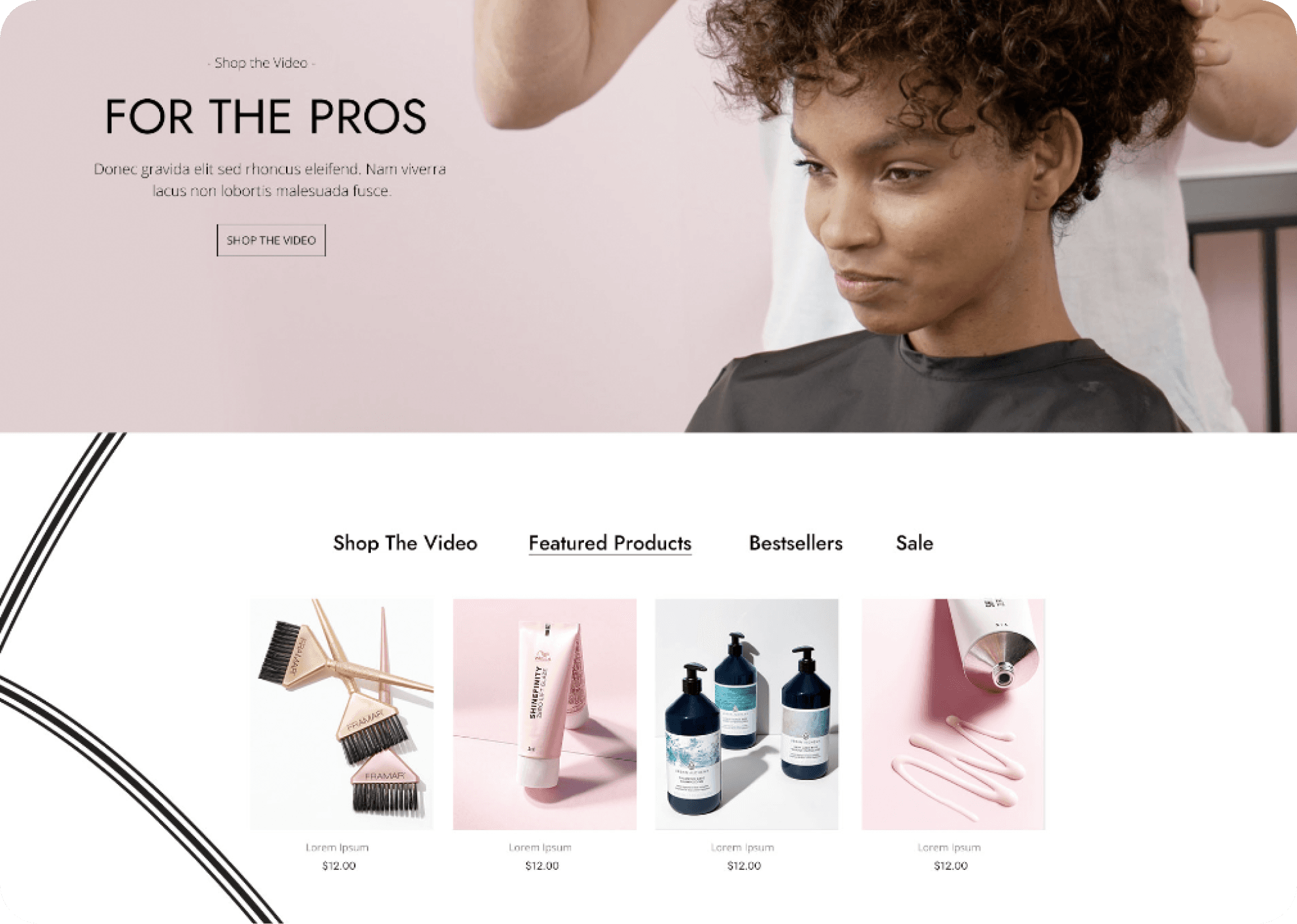 For The Pros shoppable video module with tabbed product recommendations: Shop The Video, Featured Products, Bestsellers, Sale