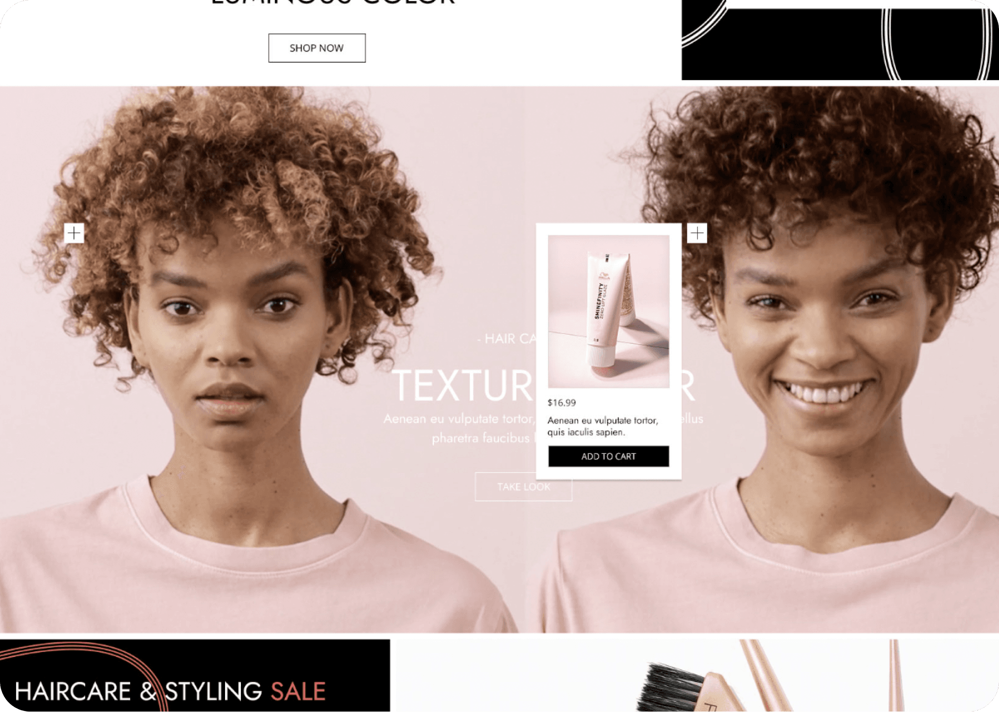 Cosmo Prof homepage variant showing further down the page with category cards and editorial features