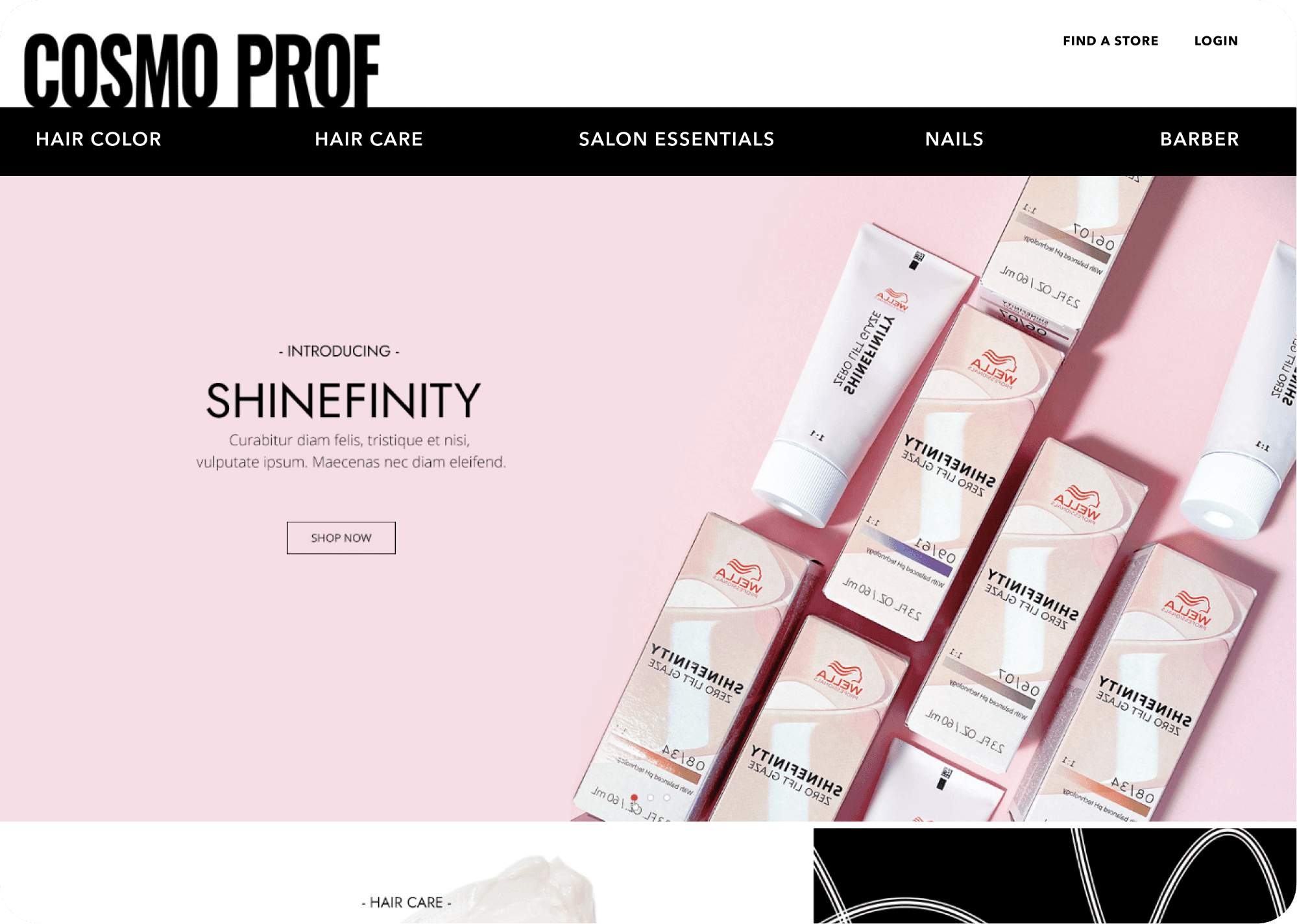 Cosmo Prof homepage with stripped global header, Shinefinity launch hero, and product mockup at right