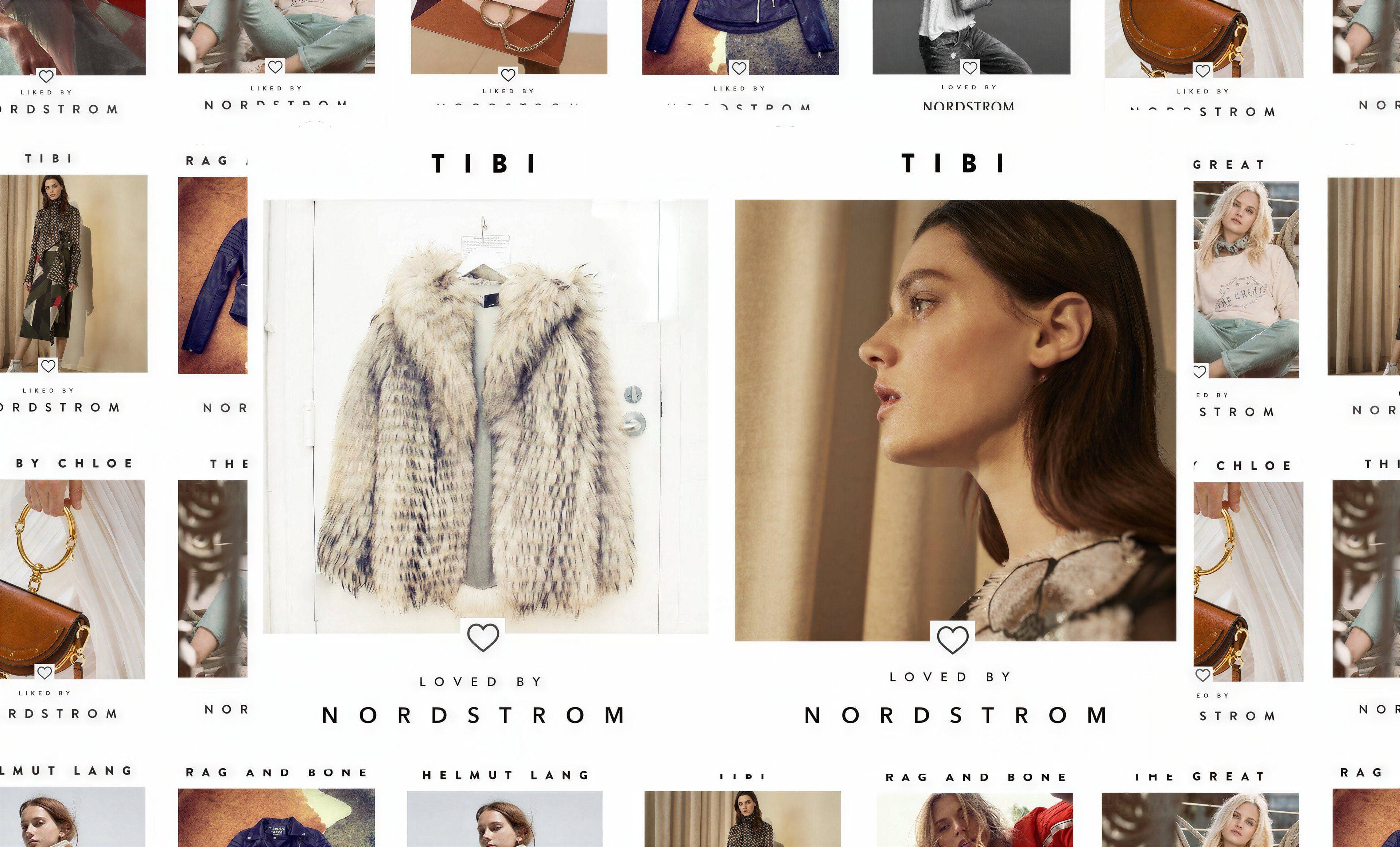 Loved by Nordstrom campaign gallery wall of brand tiles with two TIBI Loved By tiles at center