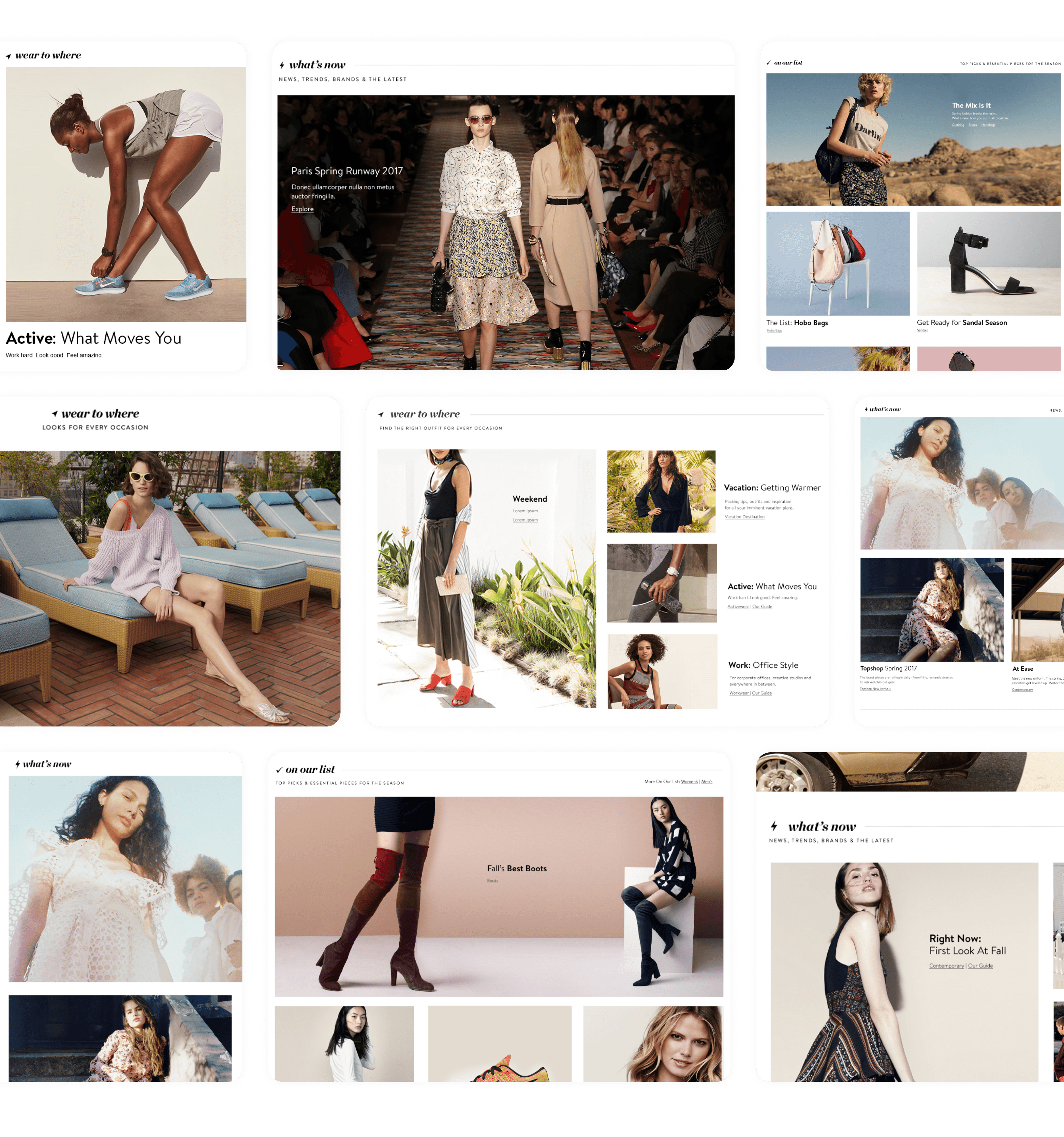 Nordstrom Content Framework applied across a full vertical landing page, lockups and category icons anchoring each module