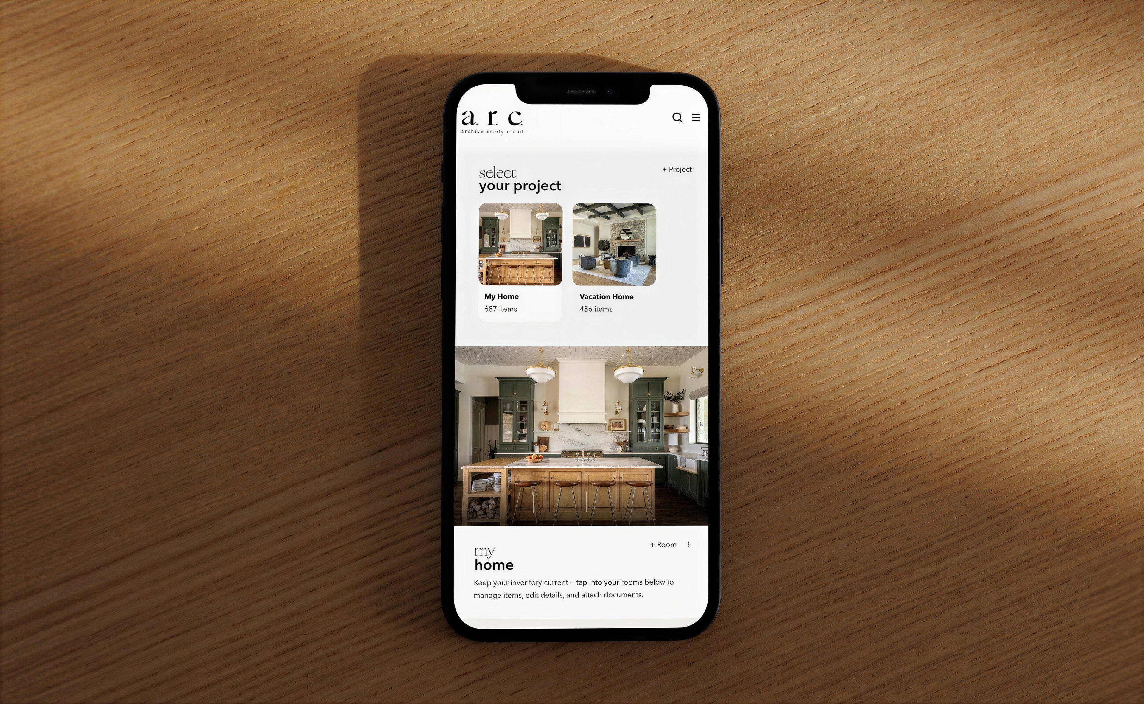 A.R.C. app on wooden surface with kitchen interior