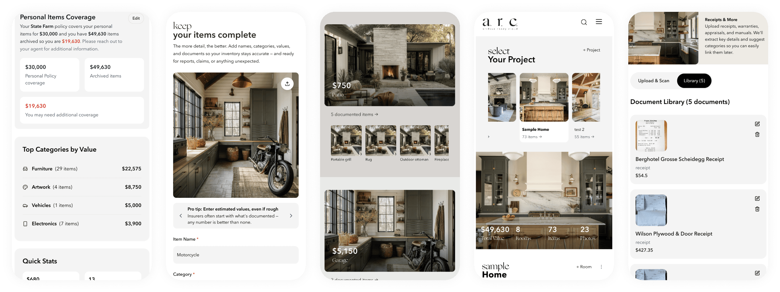 Five A.R.C. application screens showing dashboard, item entry, room view, project selection, and document library