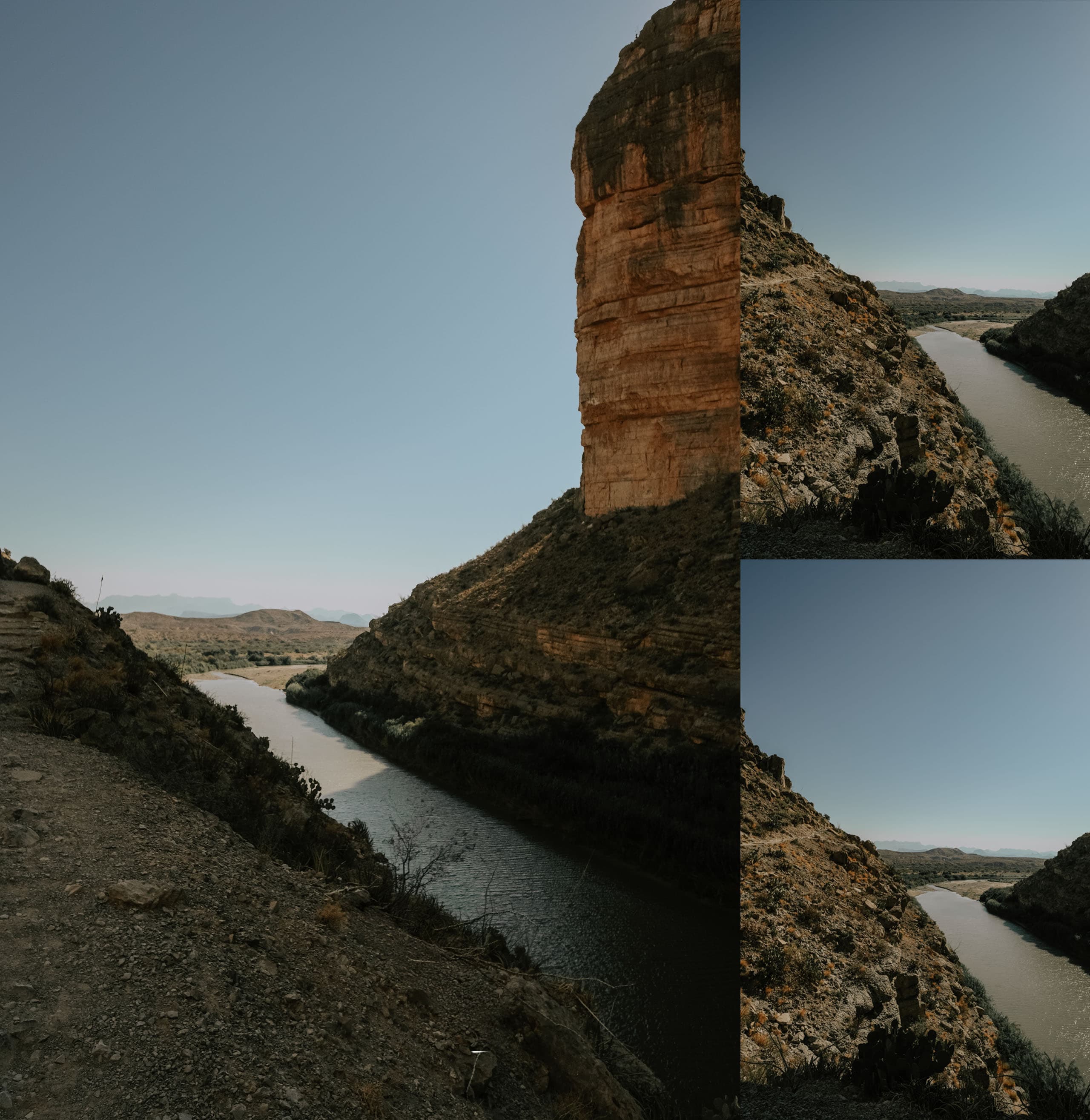 Santa Elena Canyon studies: the sheer limestone wall beside two frames of the Rio Grande below