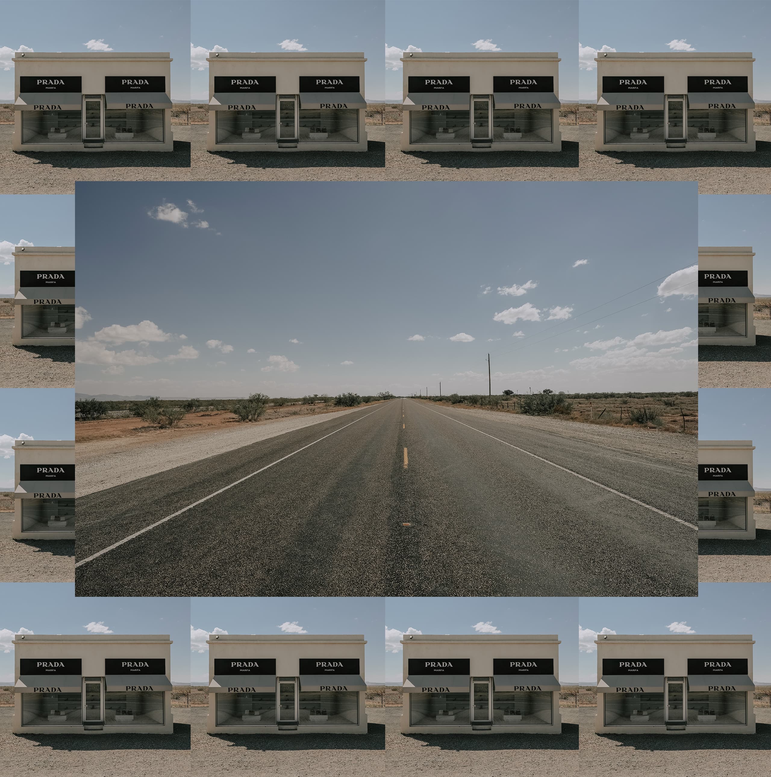Prada Marfa repeated in a grid around a center frame of open highway and West Texas sky