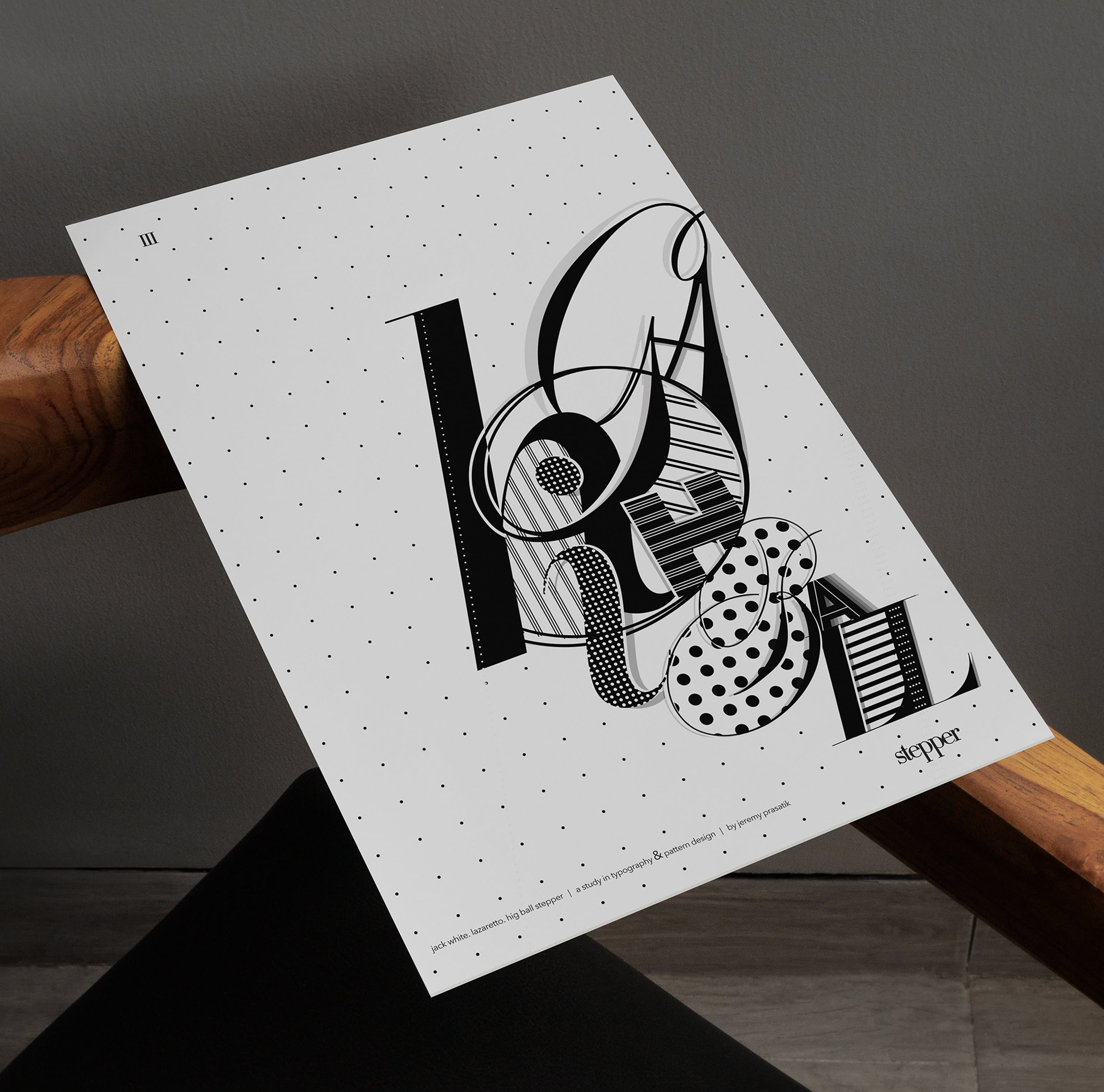Typography & Patterns, stepper art print displayed on wooden bench