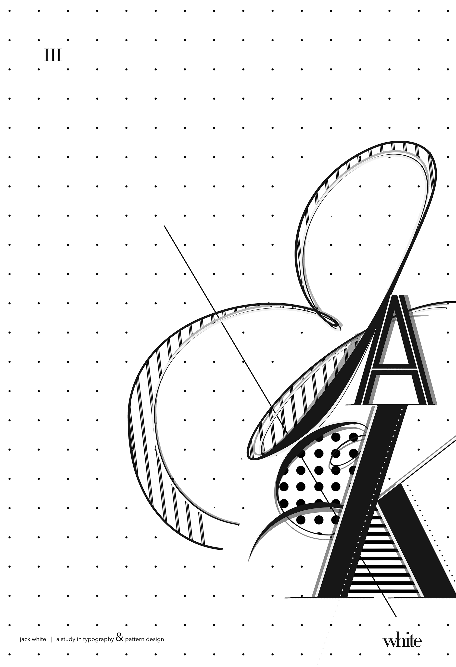Typography & Patterns, white poster, flat artwork with calligraphic and geometric letterforms