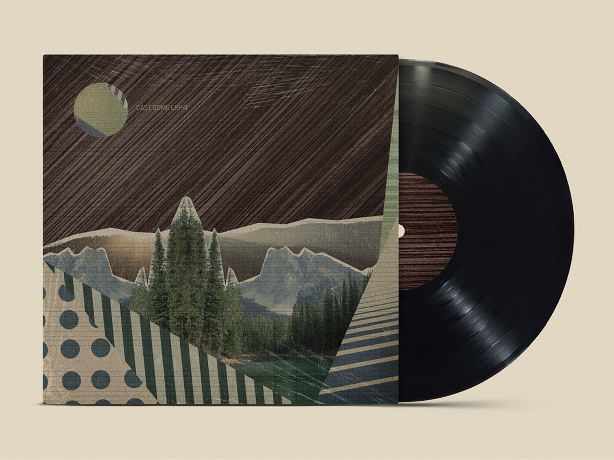 Cast Some Light album cover, layered mountain landscape collage in muted greens and browns, vinyl sleeve mockup