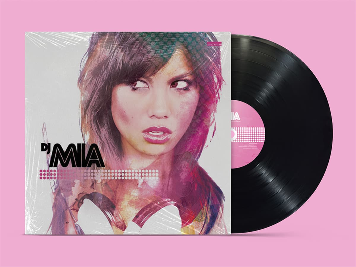DJ MIA album cover, woman portrait with headphones and pink halftone treatment, vinyl sleeve mockup