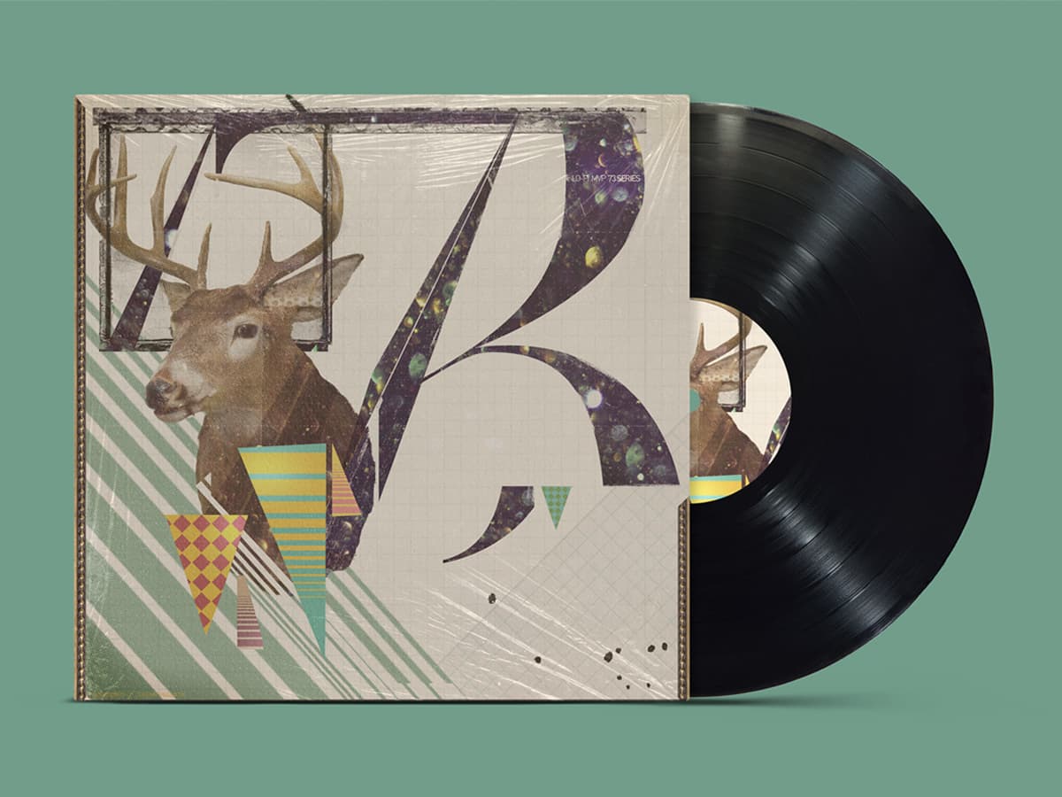 MVP 73 album cover, deer head with abstract letterform and triangle composition, vinyl sleeve mockup