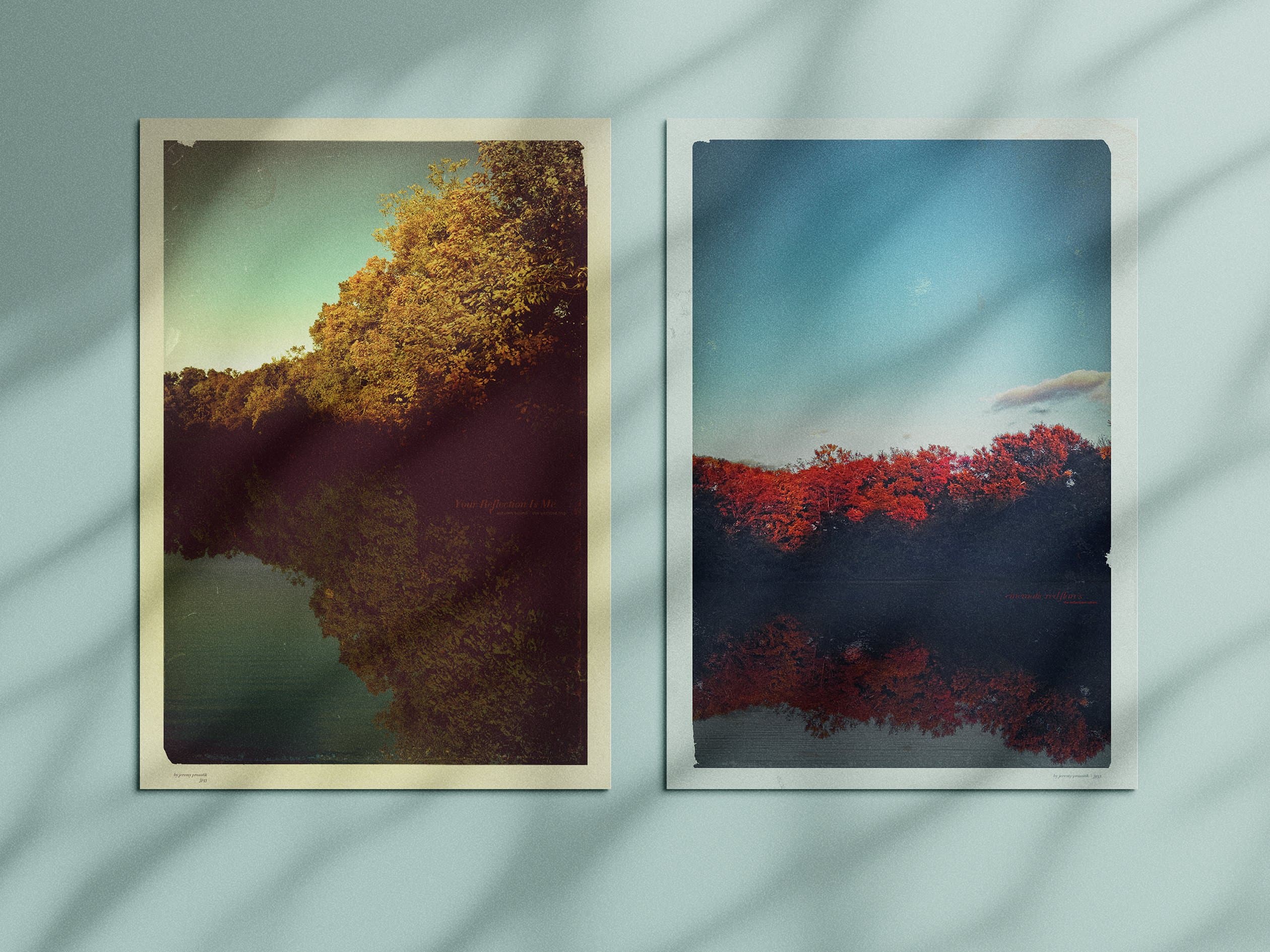 Autumn lake reflection prints, two framed pieces showing gold and red foliage mirrored in water