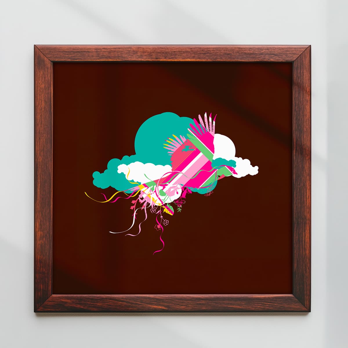 Cloud and ribbons illustration on dark red background, wood-framed print