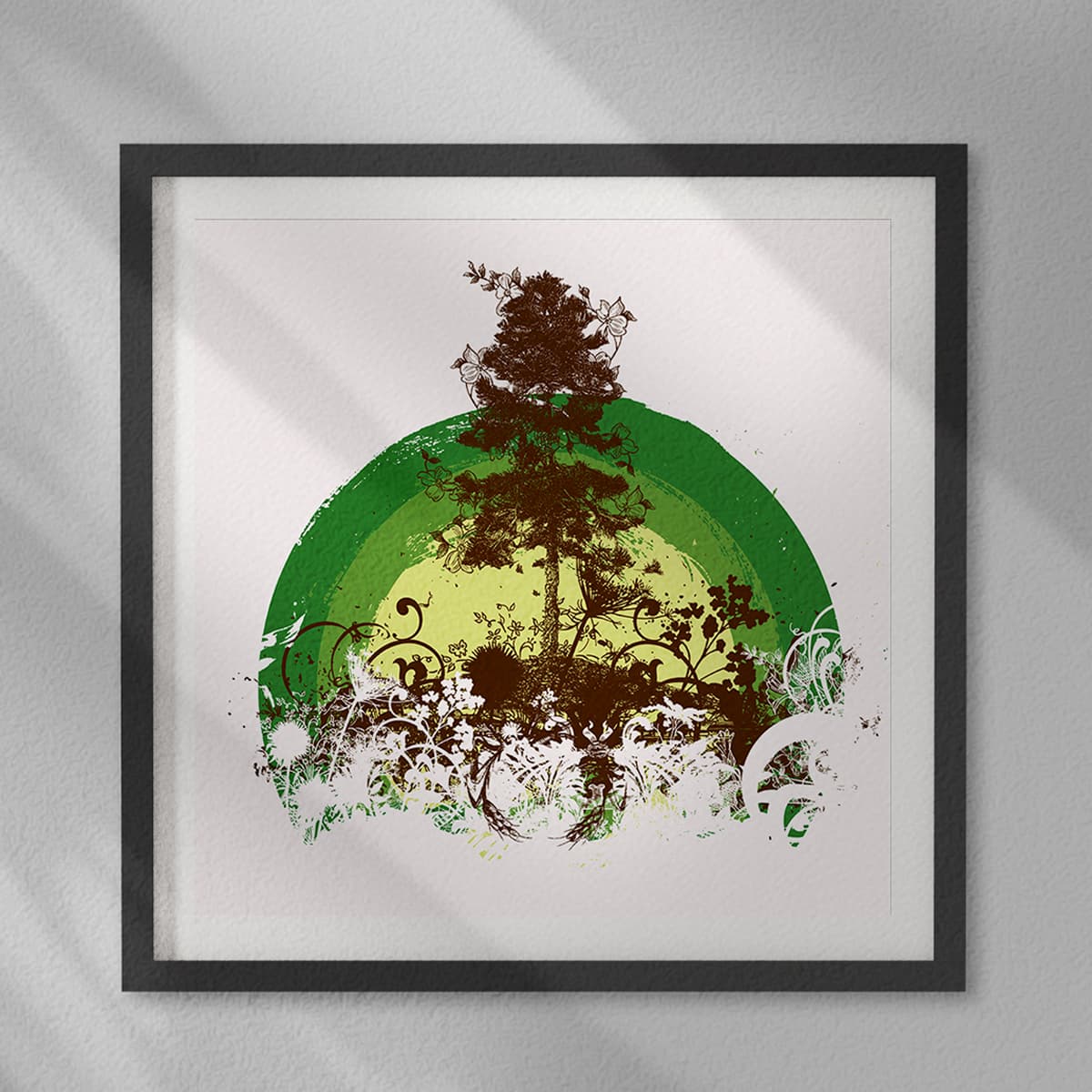 Green tree silhouette over half-sun with vines, white-framed print