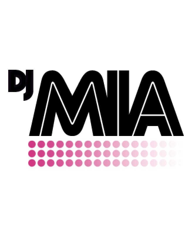 DJ MIA logo, geometric sans wordmark above pink halftone dot fade