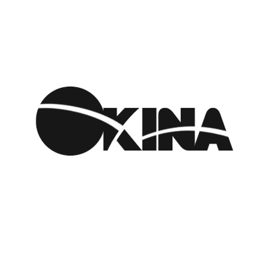 Okina logo, planet-and-orbit wordmark in heavy black sans