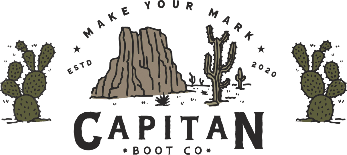 Capitan Boot Co. vintage badge logo with mesa, prickly pear cacti, and ESTD 2020 stars