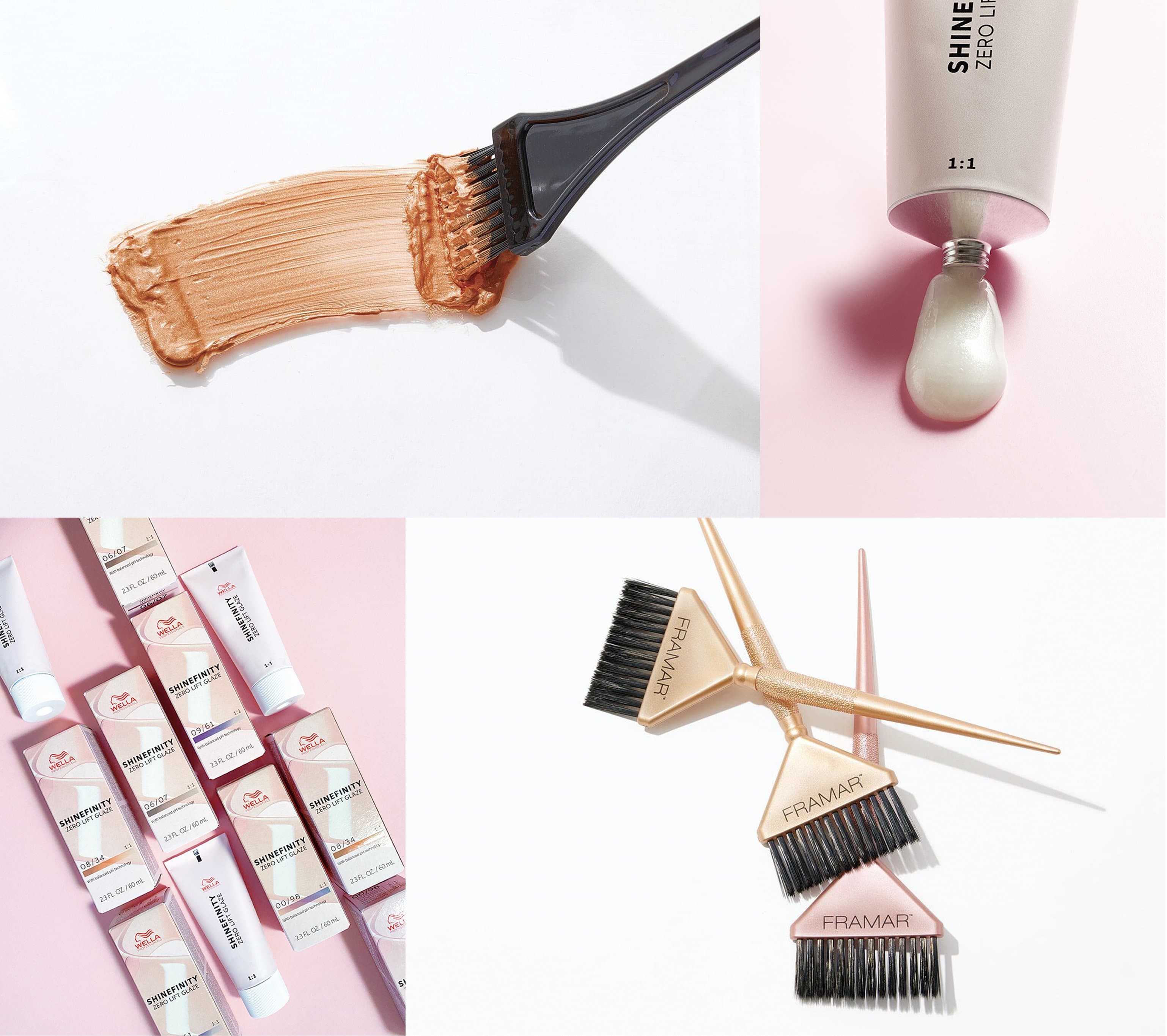 Cosmo Prof photography direction, four-quadrant composition: hair color stroke, color tube detail, product lineup, and Framar applicator brushes