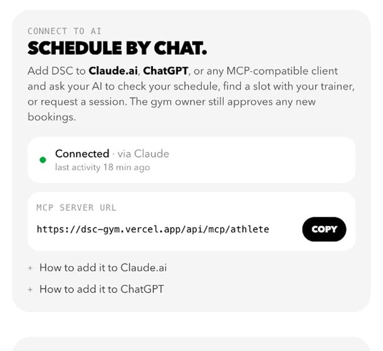 DSC in-app connect screen with the MCP server URL and live connection status