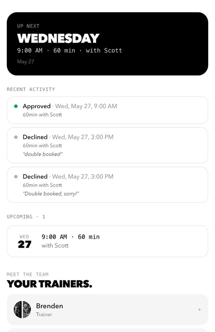 DSC athlete dashboard showing the next session and recent activity