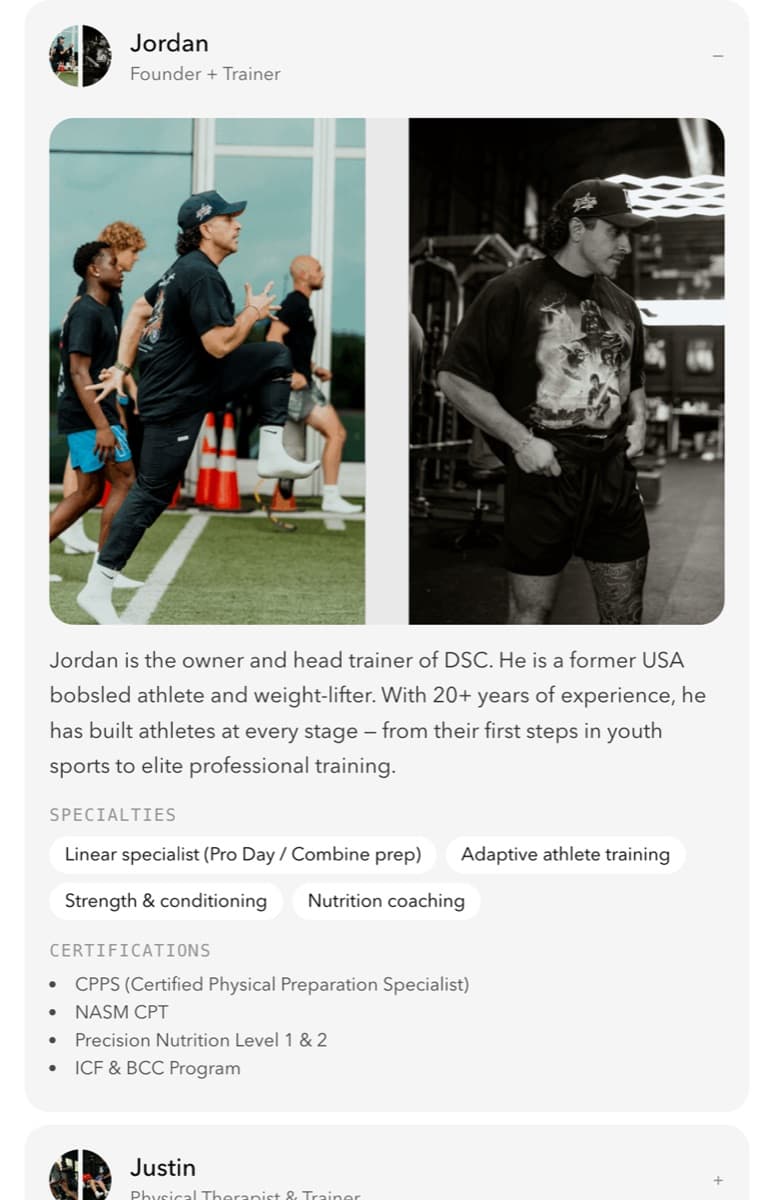 DSC athlete app trainer bio for the founder and head trainer