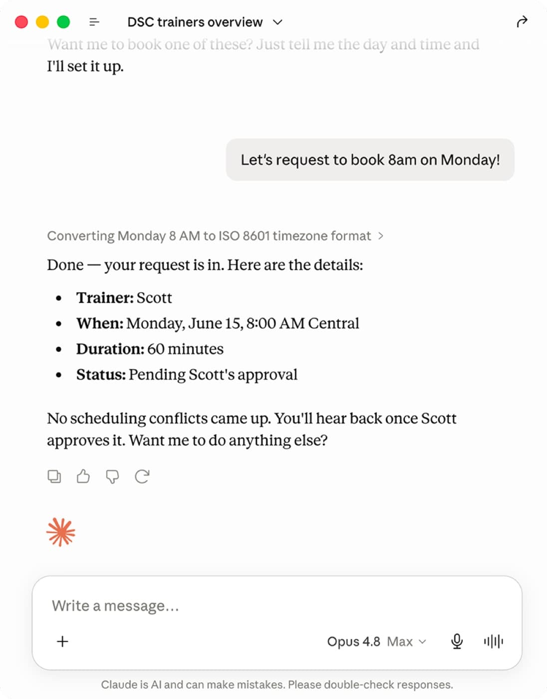 Claude confirming a booking request, pending the trainer's approval