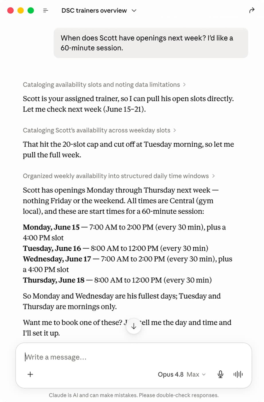 Claude listing Scott's real availability for the week through the DSC tools