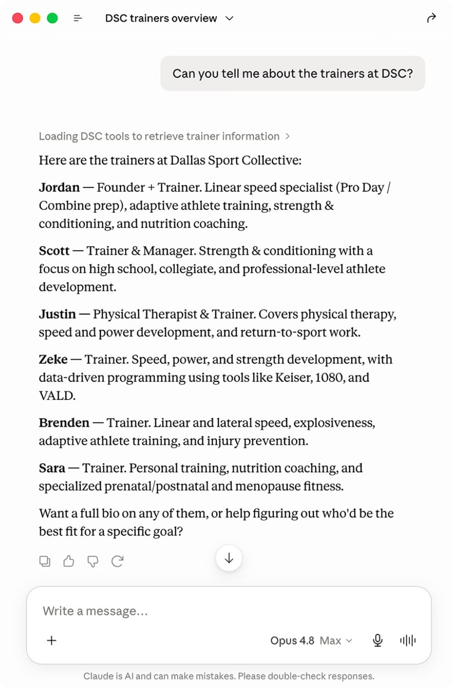 Claude listing every DSC trainer and their specialties through the connected tools
