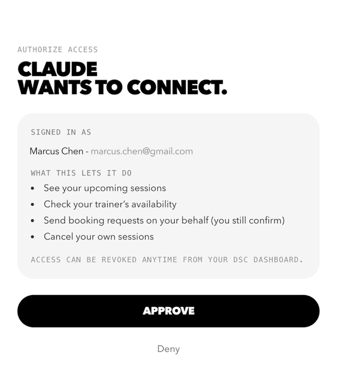 OAuth consent screen, Claude wants to connect, listing granted permissions