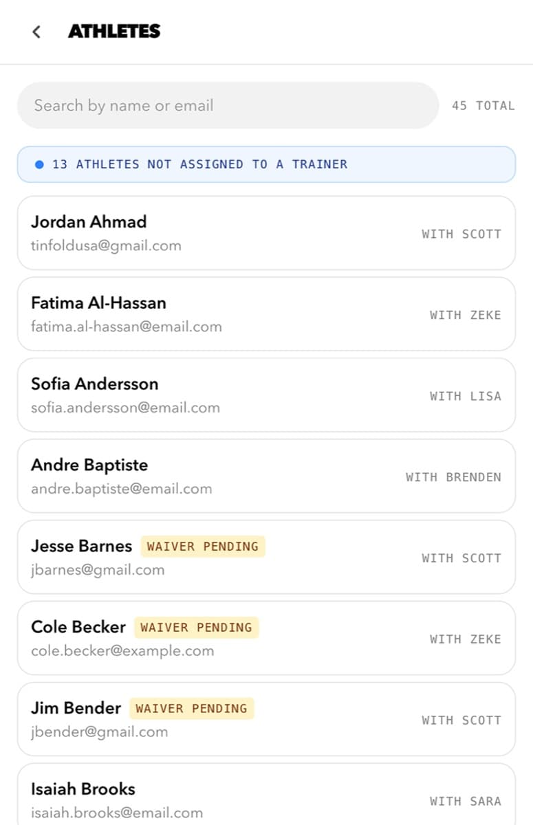 DSC owner athlete list with waiver and trainer-assignment status