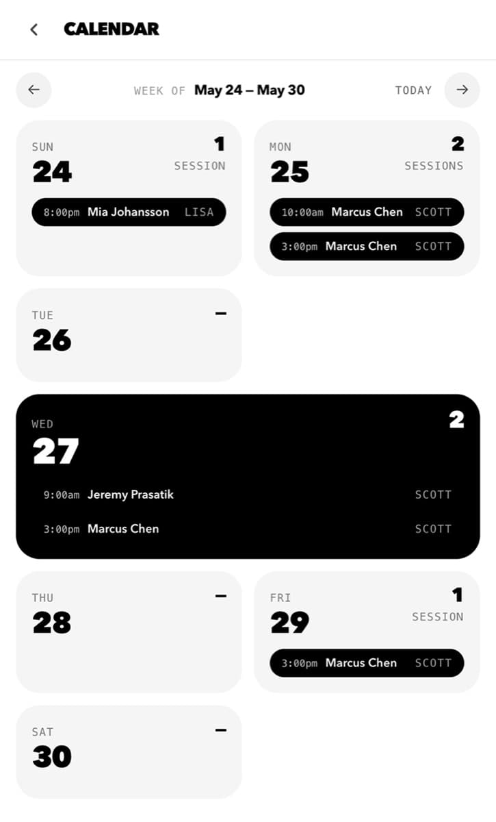 DSC owner calendar week view with sessions per day