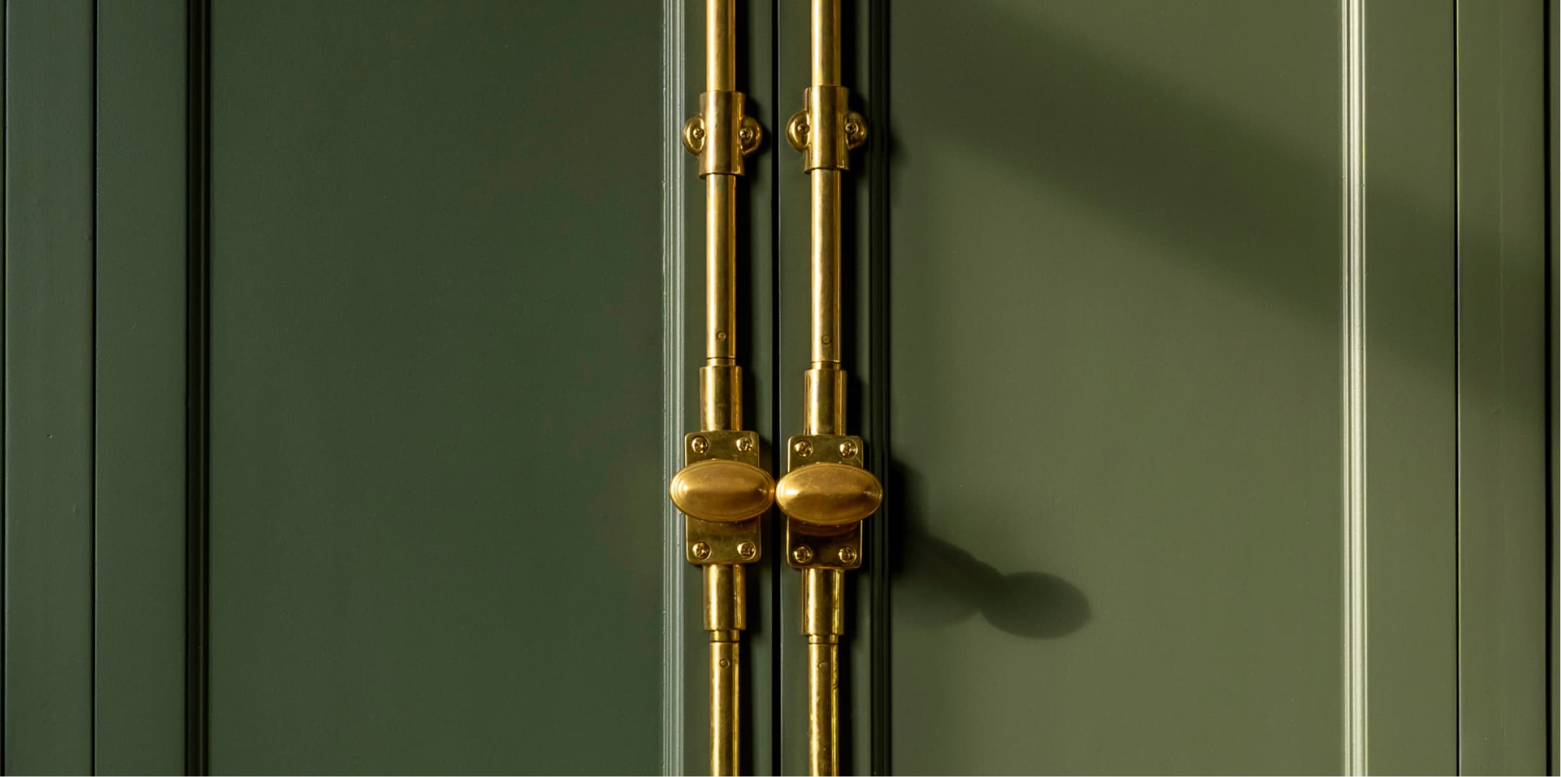 Unlacquered brass cremone bolt detail on sage green cabinet door