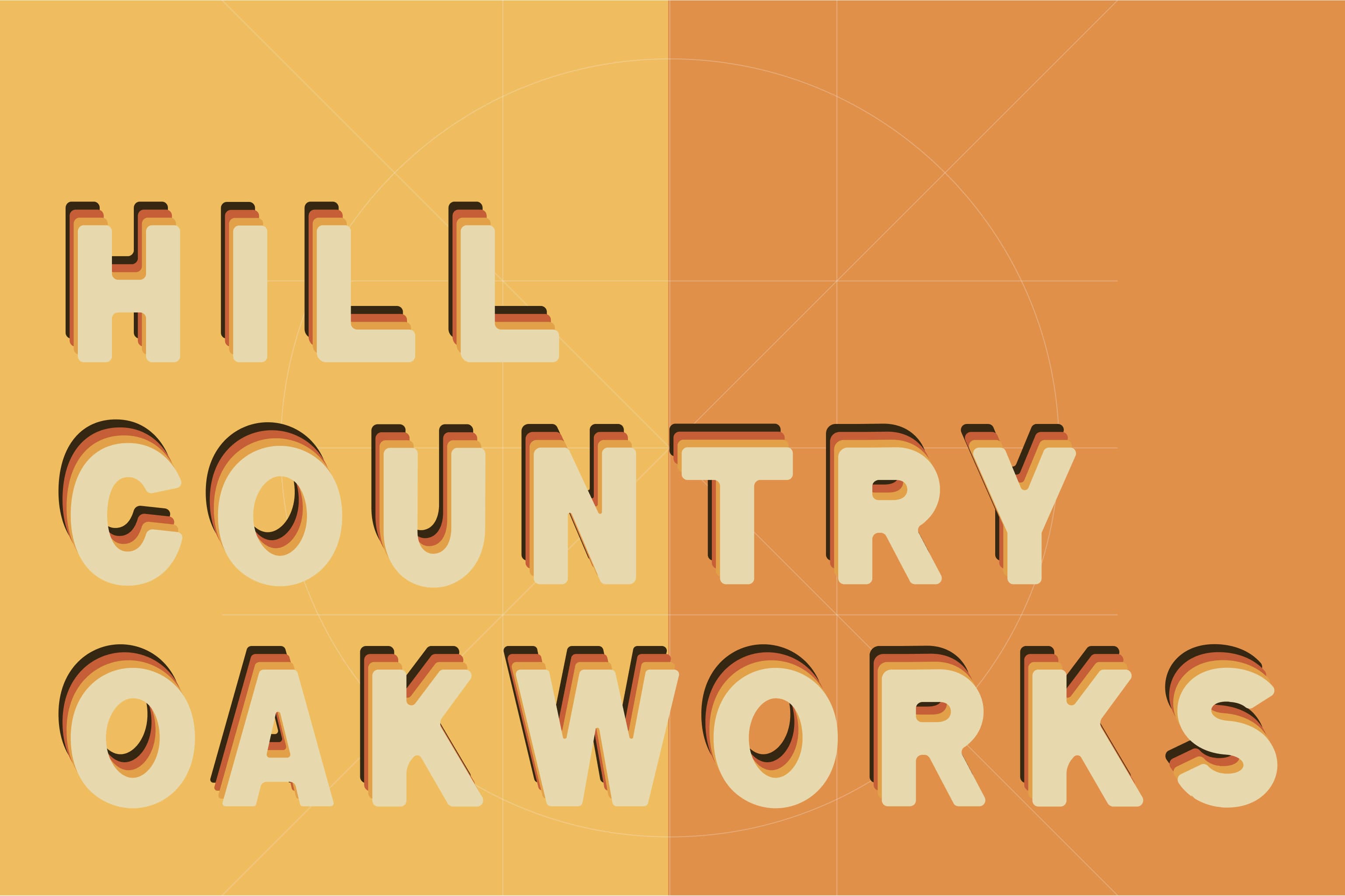 HILL COUNTRY OAKWORKS wordmark with layered 3D treatment in cream over yellow and orange split background