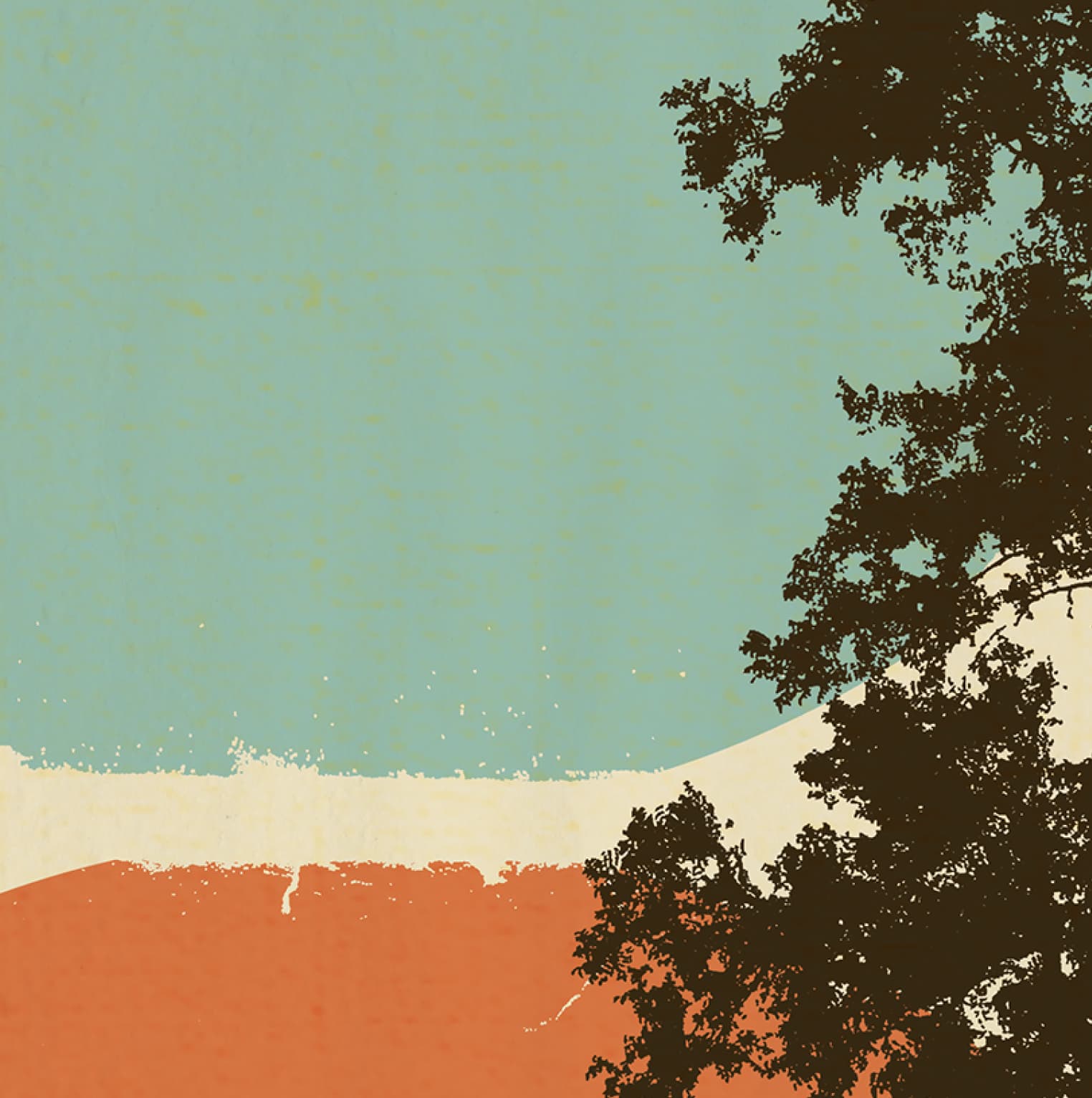 Stylized mid-century landscape with teal sky, white cloud, orange foreground hills, and a live oak silhouette anchoring the right
