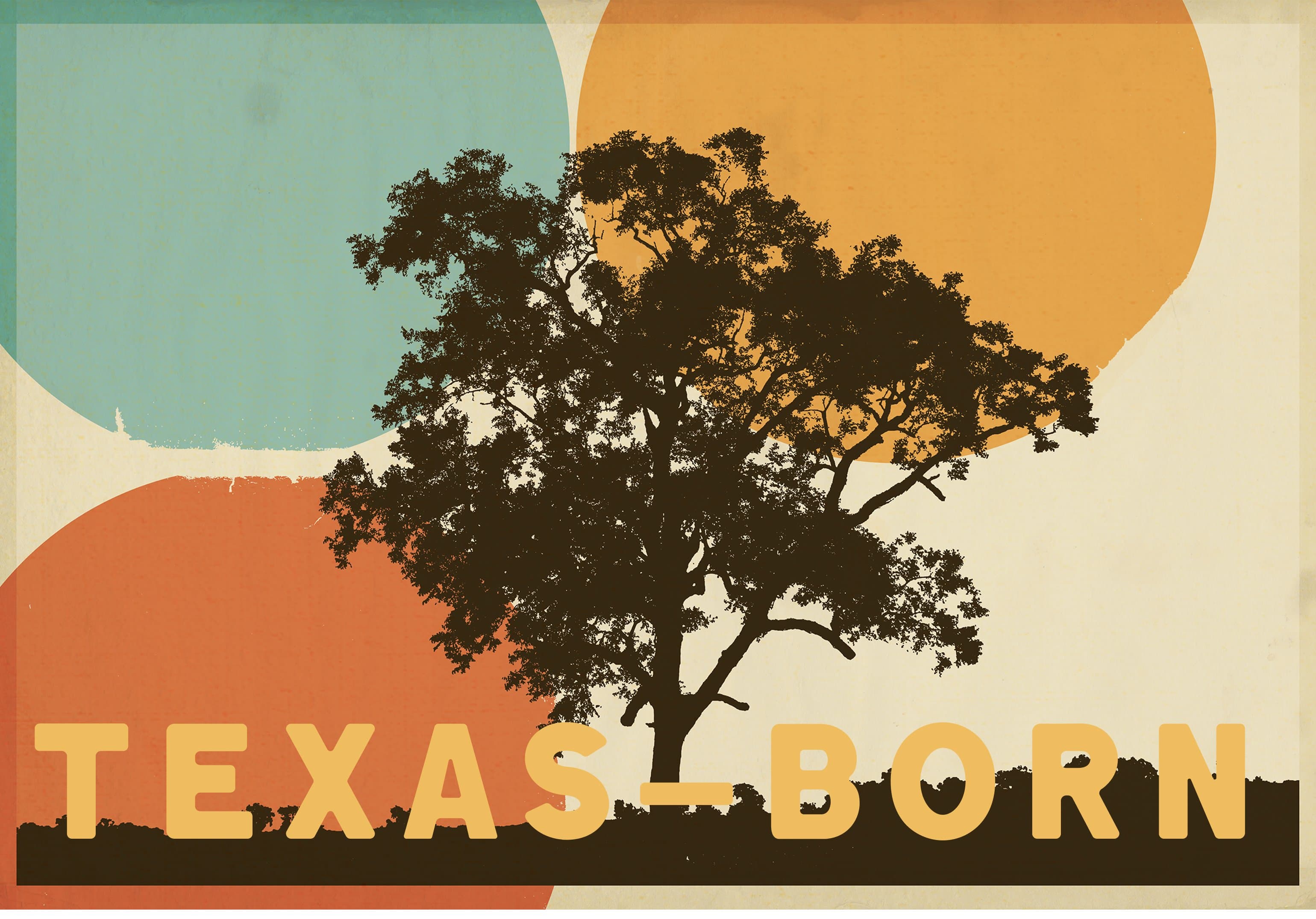 Hill Country Oakworks campaign poster, oak silhouette against teal-orange-red color blocked sky in mid-century print style