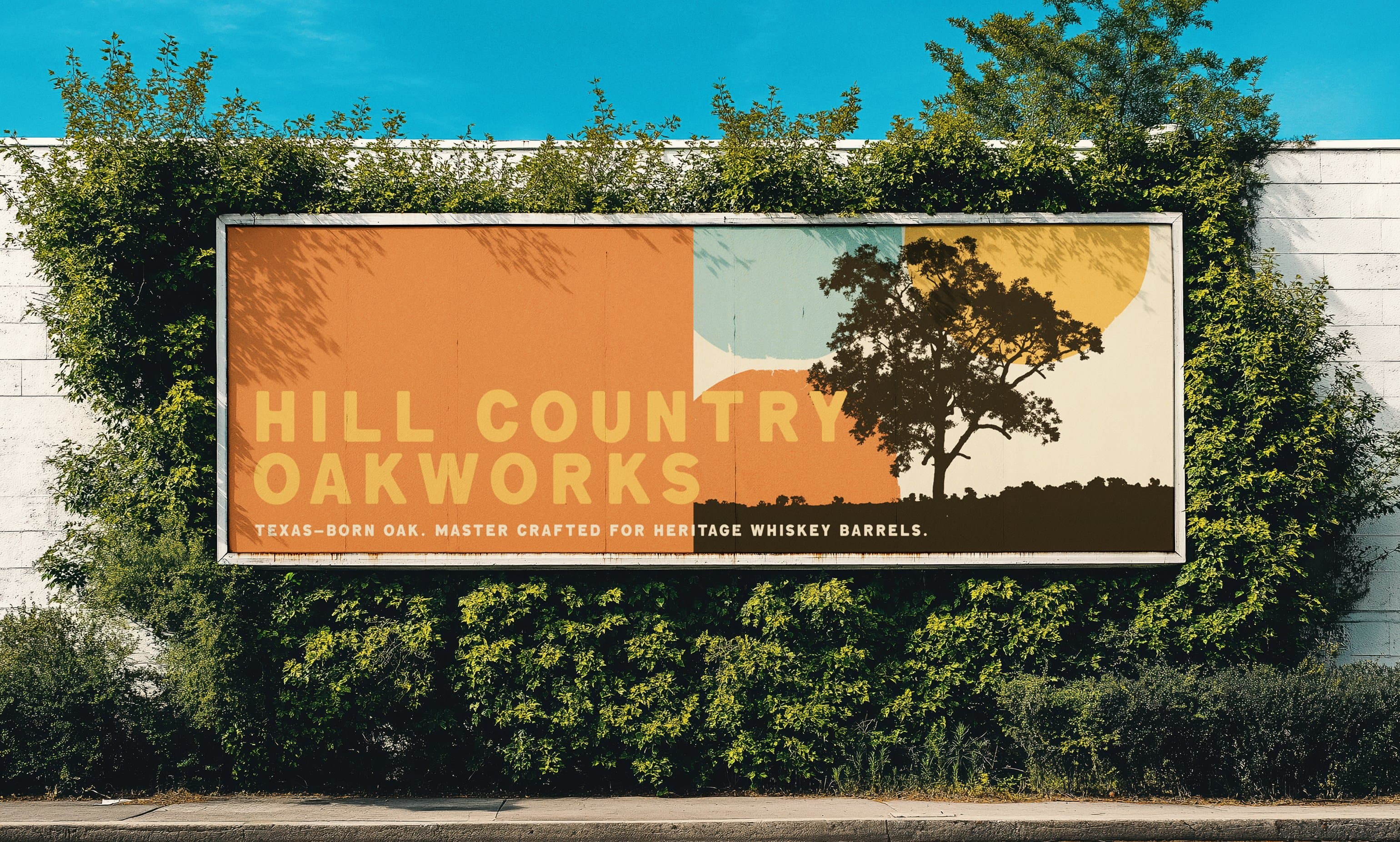 Hill Country Oakworks outdoor banner, color-blocked whiskey barrel composition with TEXAS BORN OAKCRAFT tagline at scale