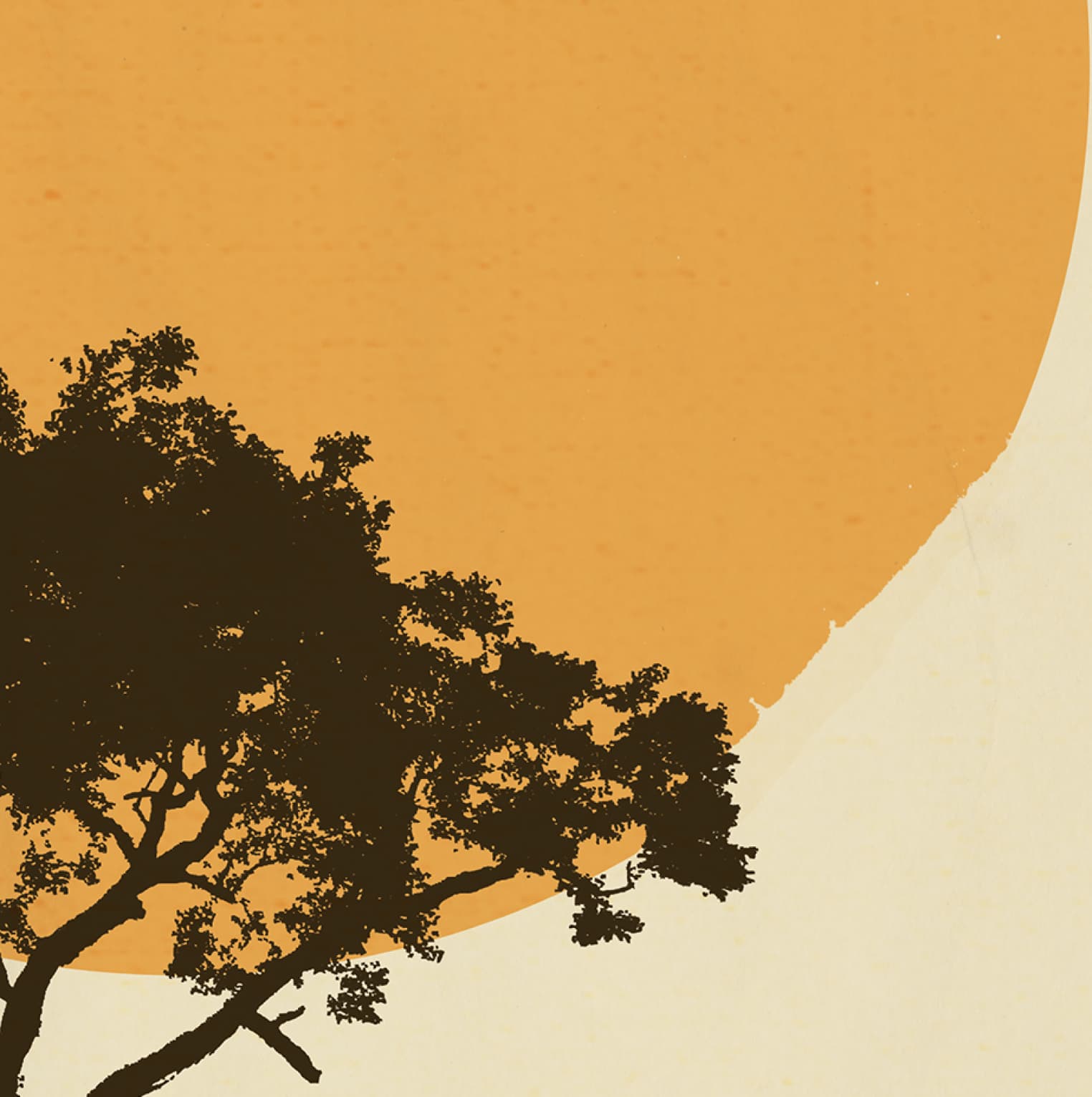 Live oak silhouette set against an orange sun on cream textured ground
