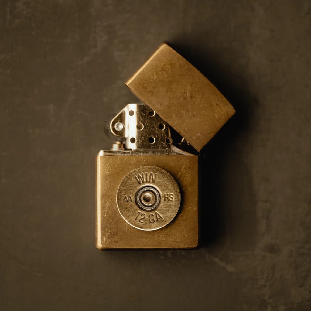 Brass Zippo lighter open with embedded 12-gauge shotgun shell base