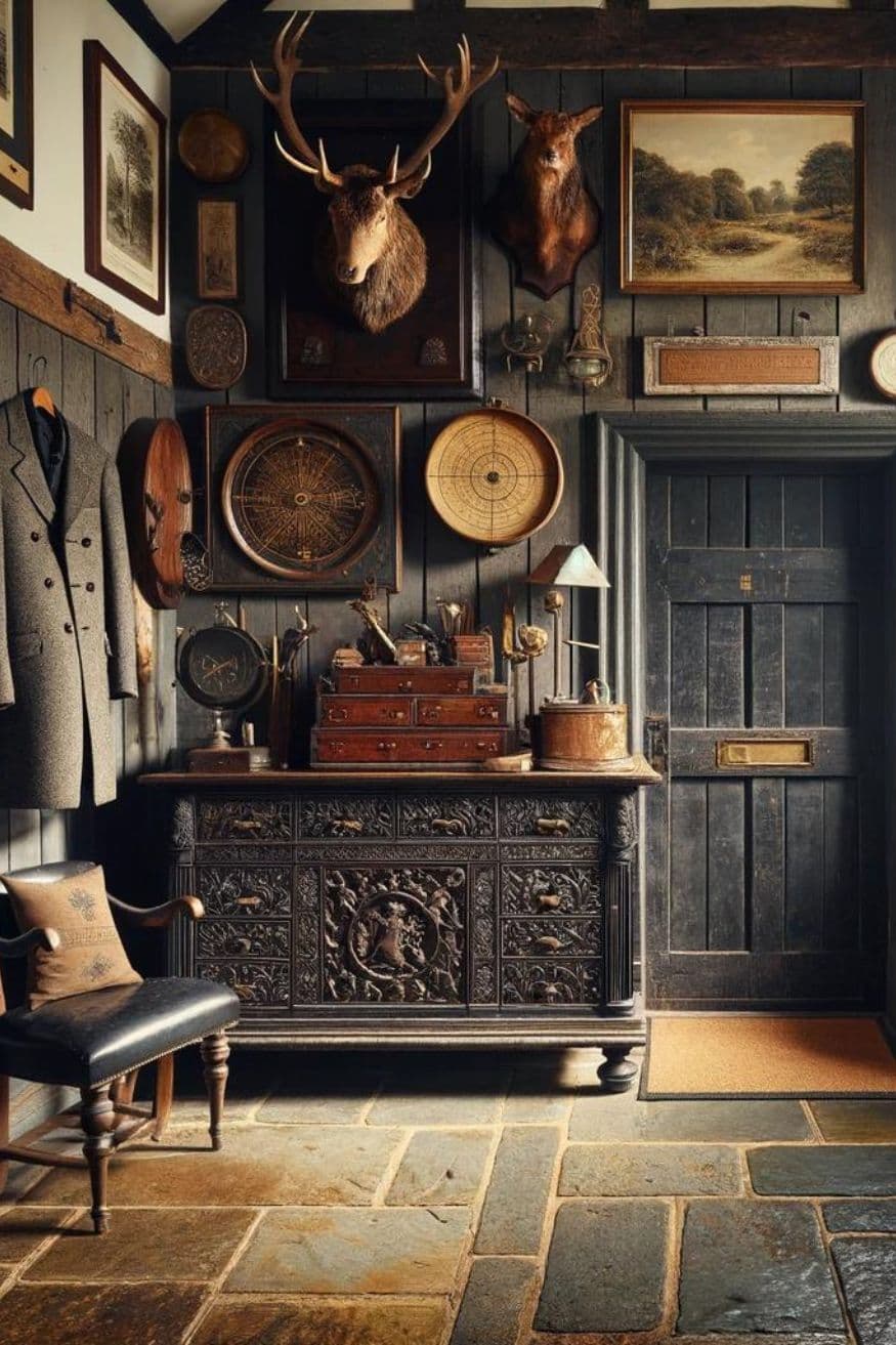 Dark wood-paneled hunting den with antler mounts, oil paintings, and a carved cabinet