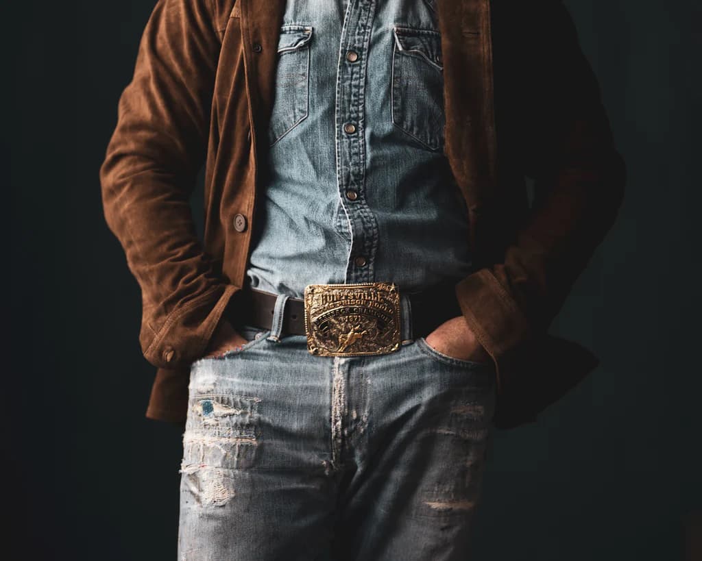 Torso shot, suede jacket over denim shirt with engraved rodeo belt buckle