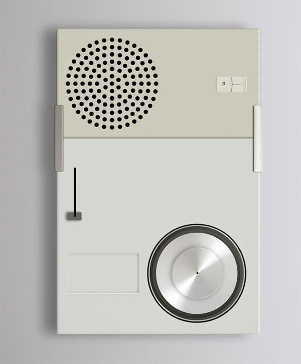 Dieter Rams Braun radio with circular speaker grille and aluminum knob