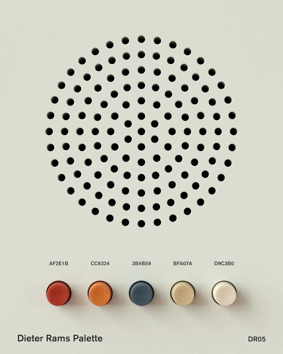 Dieter Rams design palette, Braun speaker grille pattern with color knobs