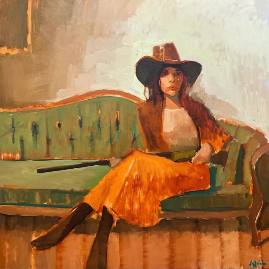 Painted portrait of a cowgirl in orange dress and brown hat on a green sofa
