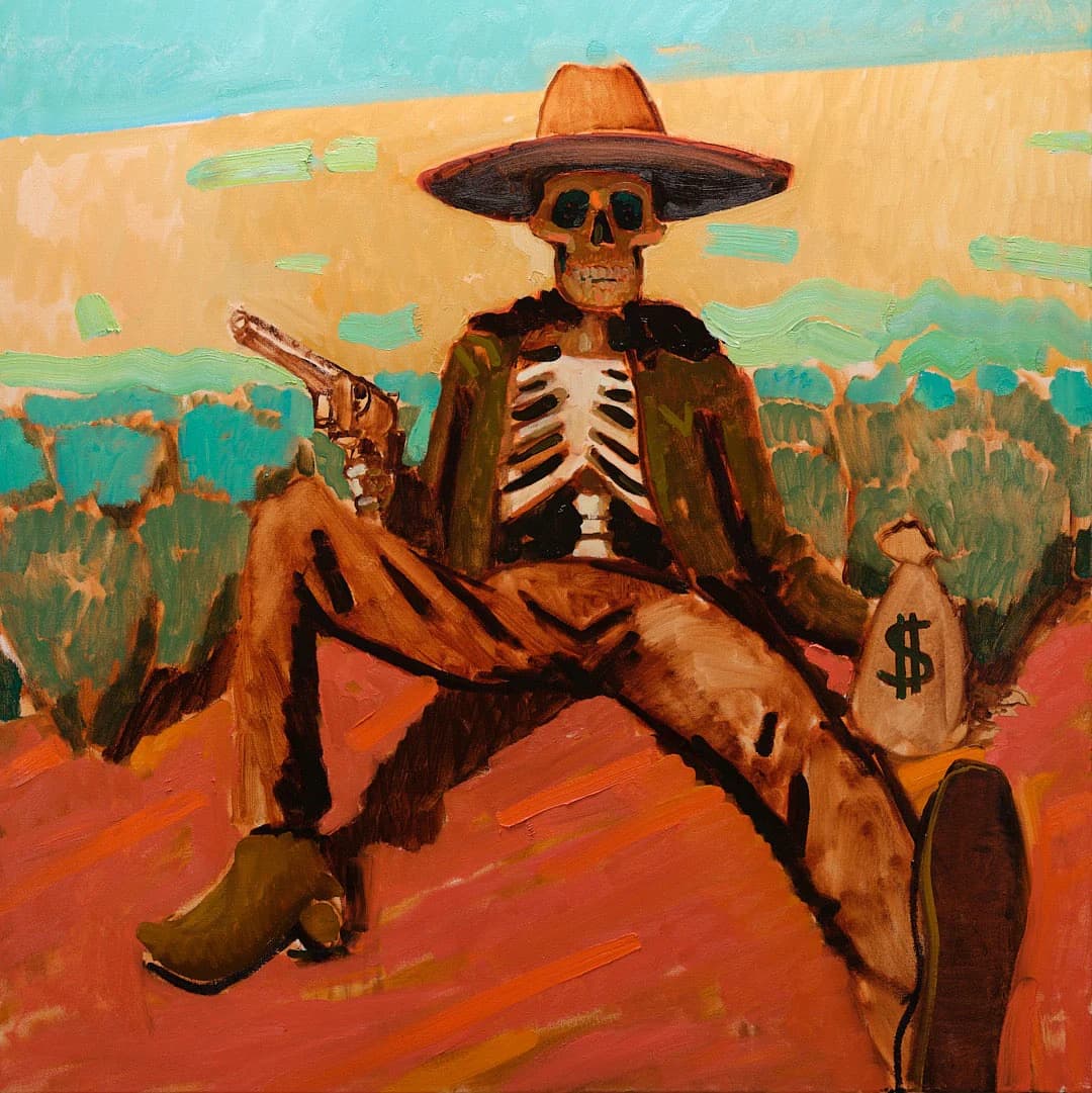 Painted folk-art skeleton cowboy in sombrero with revolver and money sack