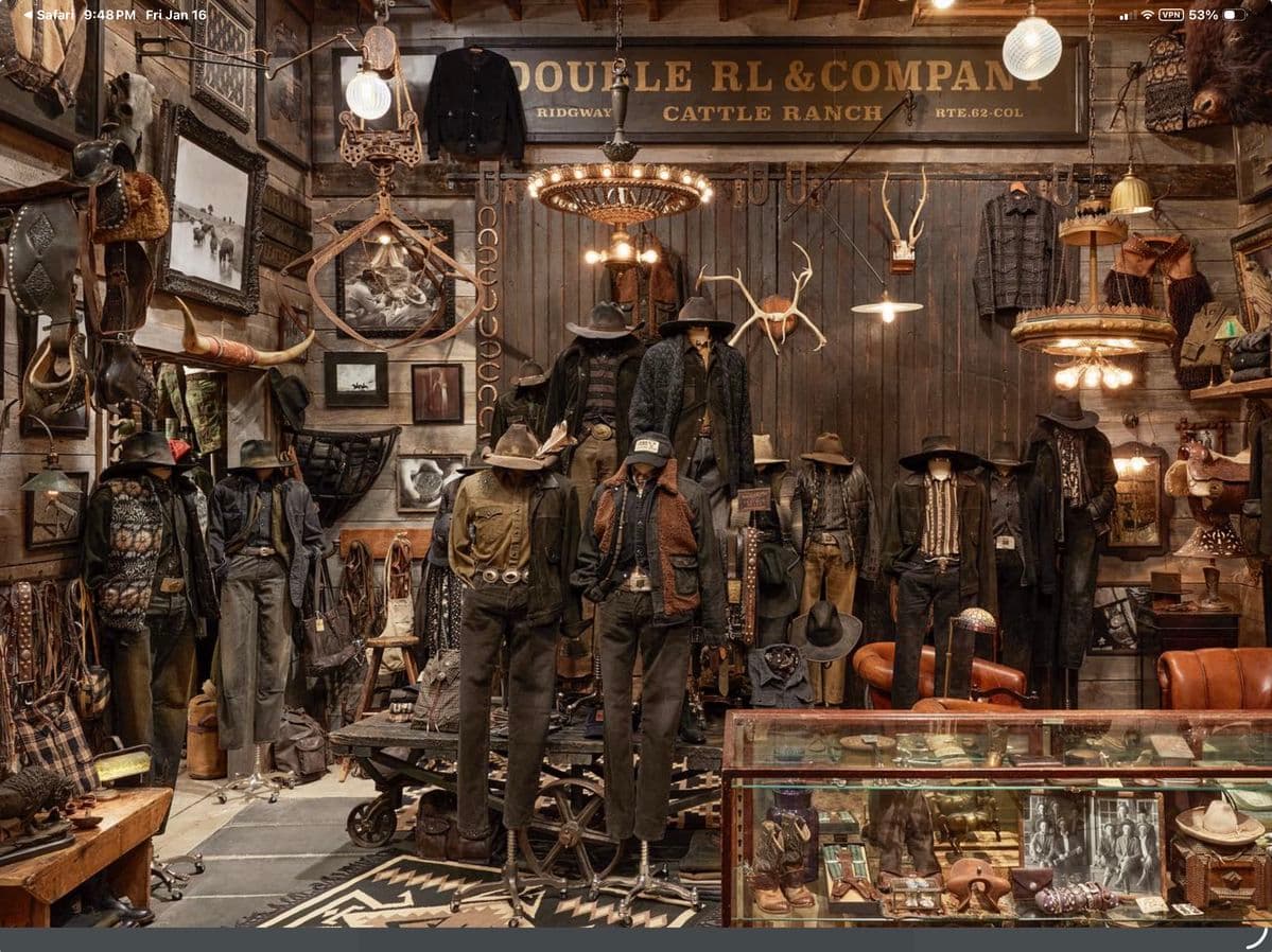 Double RL Cattle Ranch store display with denim mannequins and antler chandelier