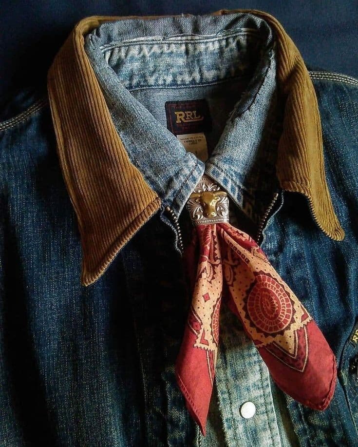 Close-up of an RRL denim shirt with corduroy collar and red paisley bandana