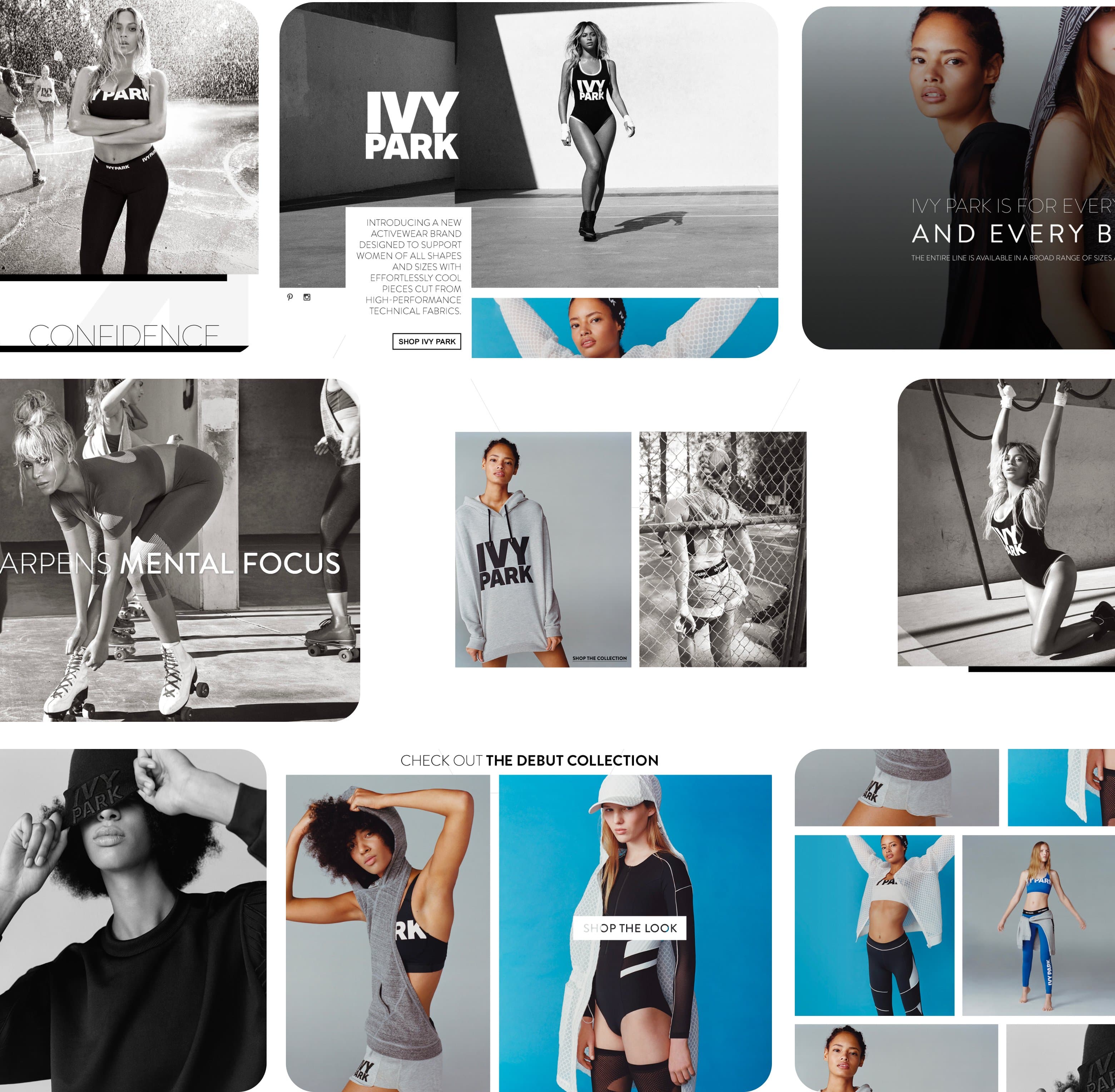 Ivy Park campaign assets grid: brand experience, emails, social, product photography, editorial