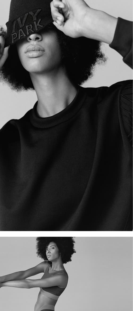Ivy Park editorial, black and white beanie portrait and dancer movement